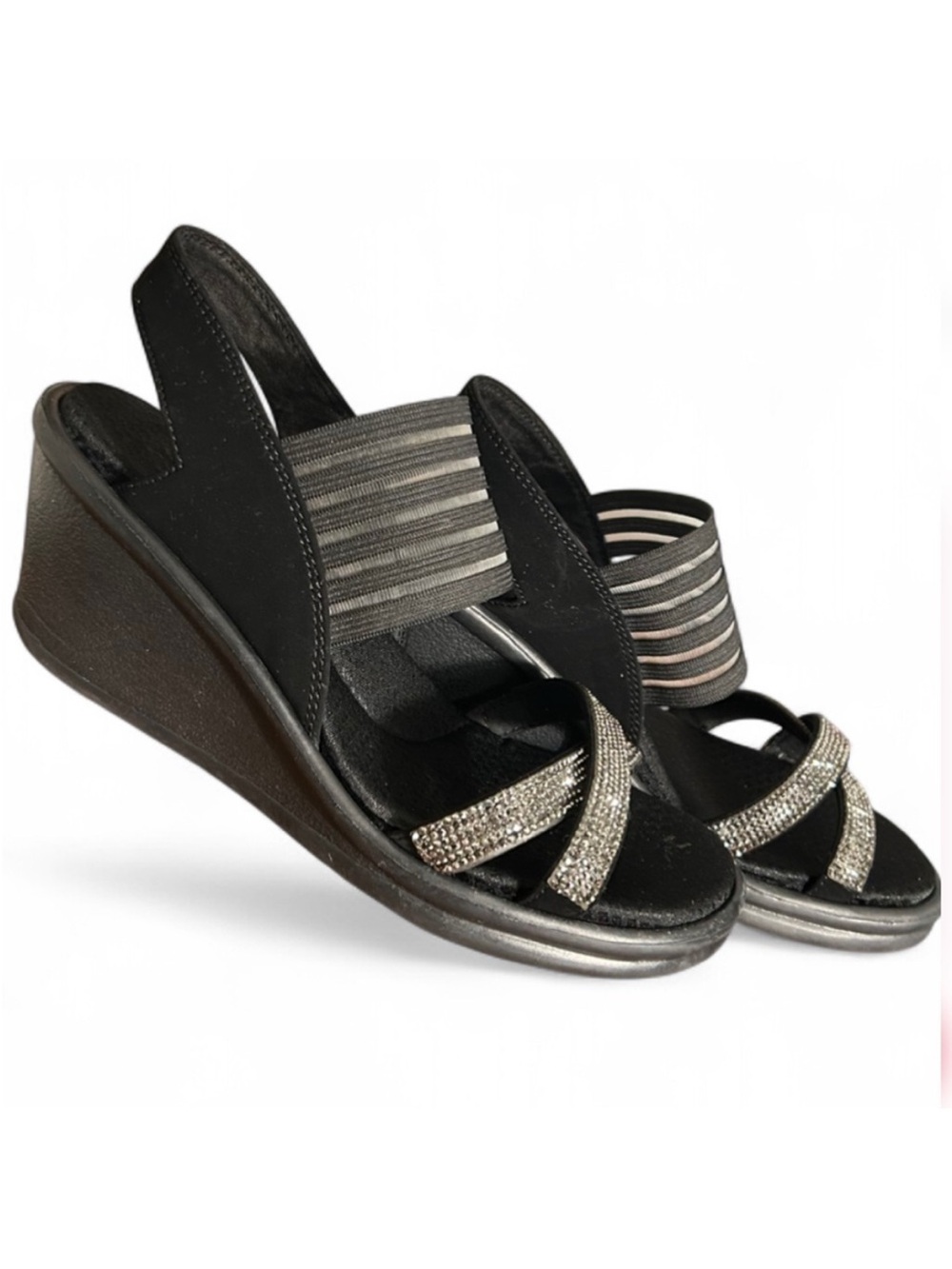 Skechers Women's Black Slip-On Wedge Sandals with Rhinestone Straps - Picture 3 of 5